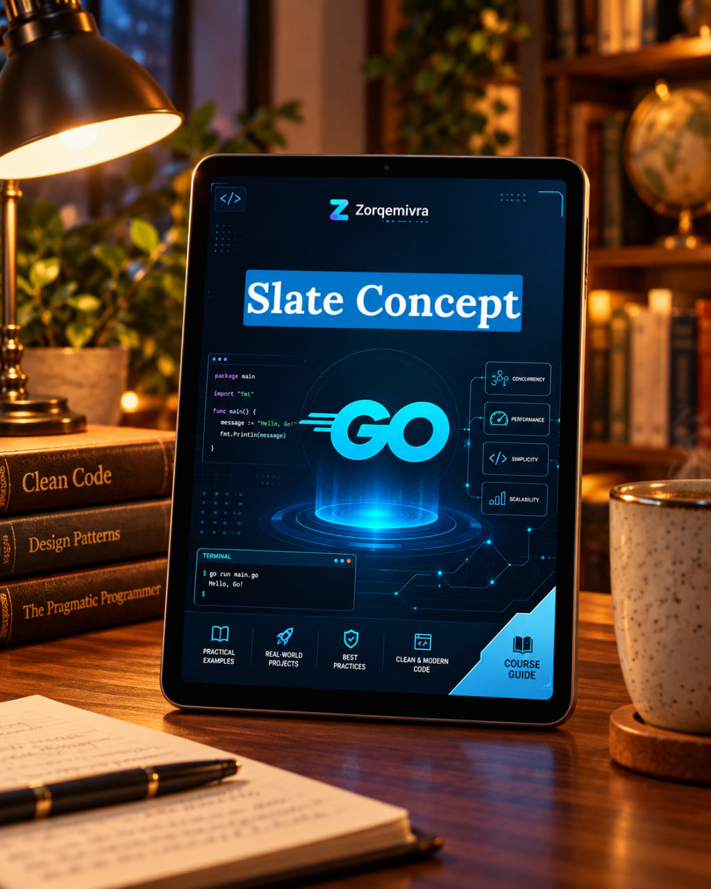 A tablet on a wooden desk displaying a digital course or guide titled 'Slate Concept' with a glowing blue 'GO' graphic. The tablet is surrounded by a warm, cozy study environment with a lit desk lamp, stacked books, an open notebook with a pen, and a ceramic mug.