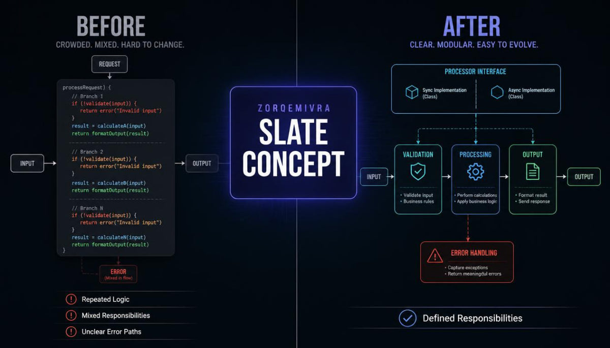 A digital infographic comparing a 'Before' state with an 'After' state of software development, centered around the text 'Zorqemivra SLATE CONCEPT'. The left side, labeled 'BEFORE', shows a dark code block with syntax highlighting and notes about crowded, mixed responsibilities.