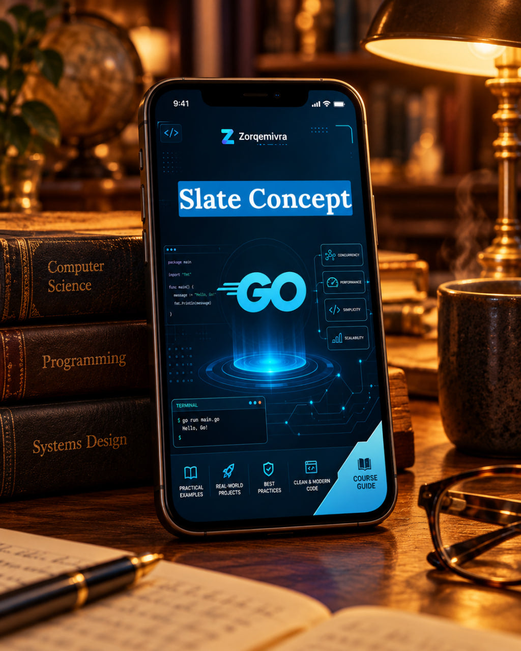 A smartphone displaying a digital course app named 'Slate Concept' with a glowing blue GO graphic, standing on a wooden desk surrounded by books, a pen, eyeglasses, and a lamp in a warm, scholarly setting.
