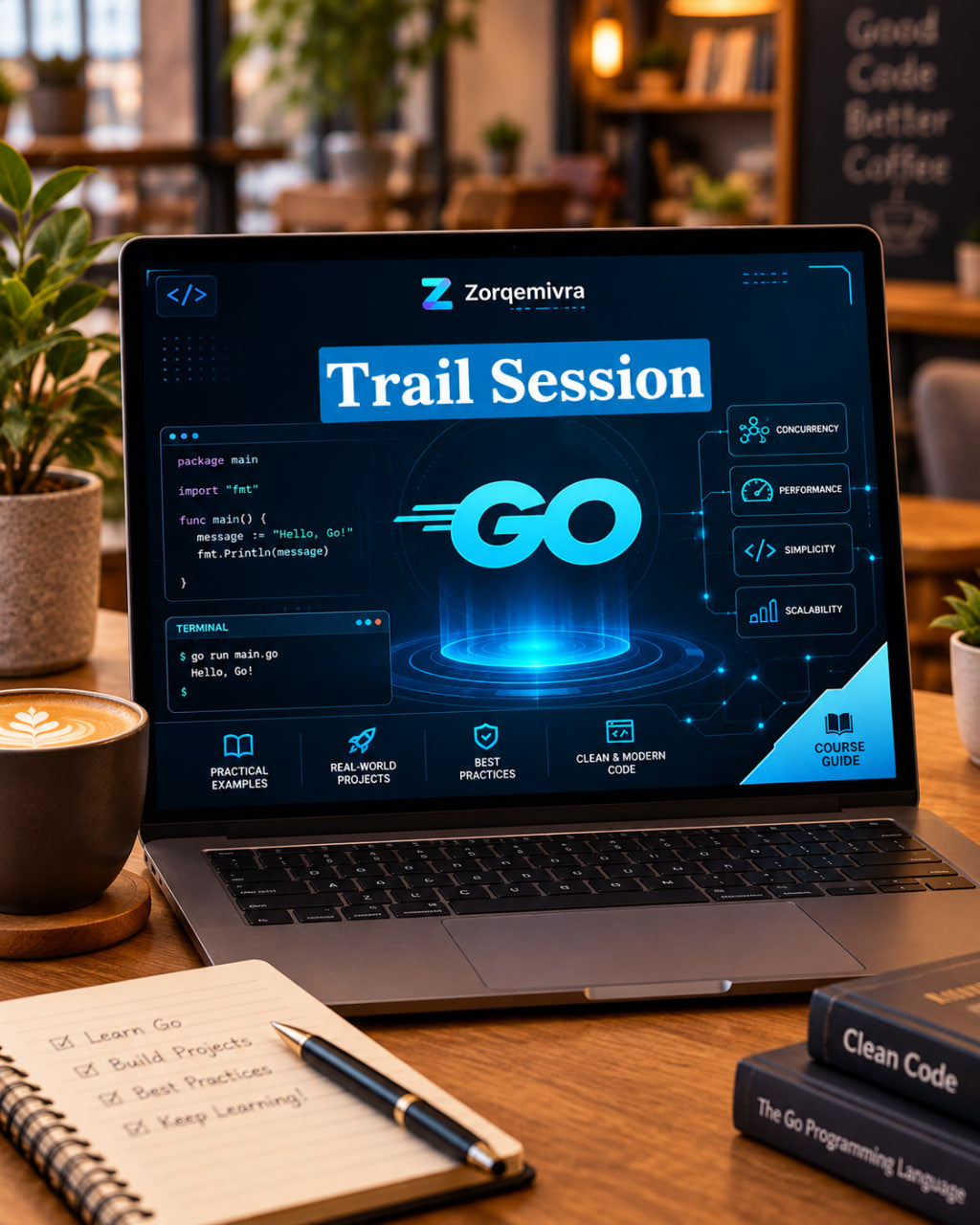 A laptop on a wooden desk displaying a software training or coding workshop interface titled 'Trail Session GO' by Zorqemira. The scene is styled like a cozy cafe or study space with a coffee cup, notebook, pen, and books in the foreground, and plants and shelves in the background.