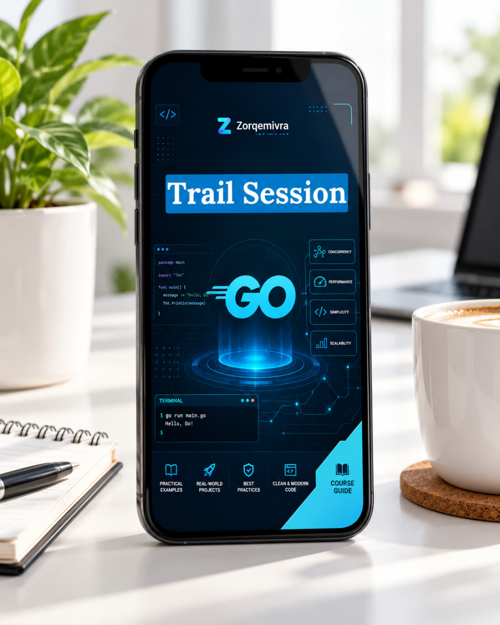 A smartphone standing upright on a desk, displaying a blue and black digital interface titled "Trail Session." The phone is photographed in a real office-like setting with a plant, notebook, pen, laptop edge, and a cup of coffee visible around it.