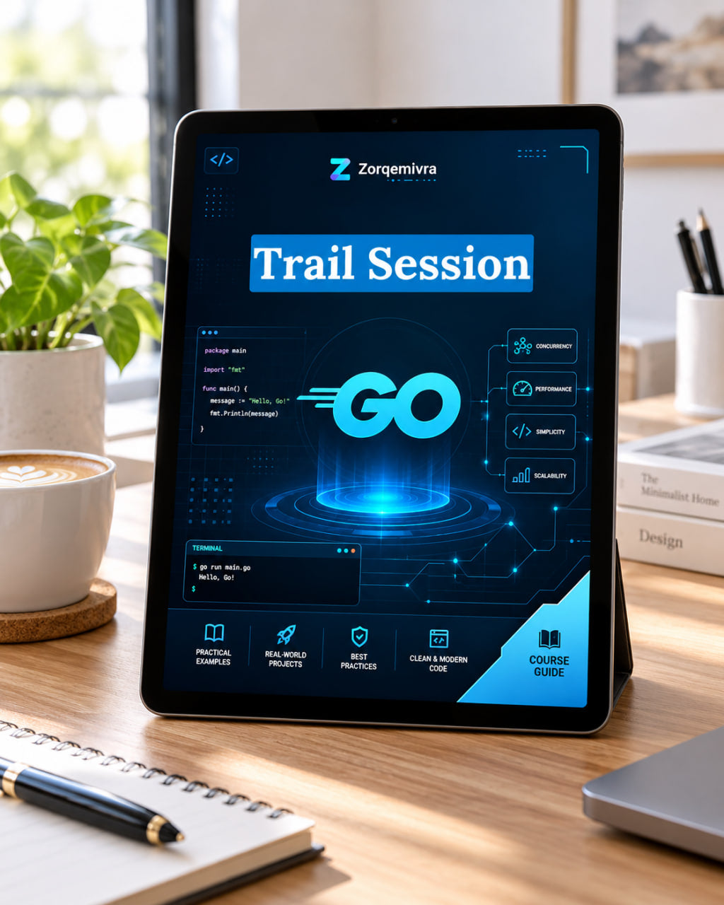 A tablet on a wooden desk displaying a digital course interface titled "Trail Session" with a glowing blue GO graphic. The scene is a styled workspace with a plant, coffee cup, notebook, and books in the background.
