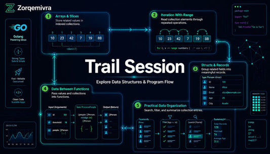A dark digital infographic titled 'Trail Session' with glowing blue interface panels and arrows explaining data structures and program flow, including arrays/slices, iteration with range, structs and records, data between functions, and practical data organization. The Zorqemira brand name appears in the top left.